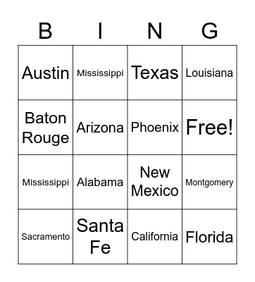Southern Border State and Capitals Bingo Card