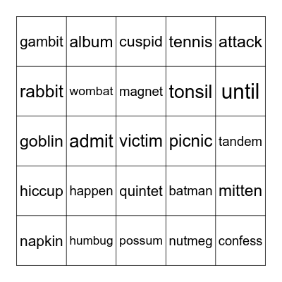 VCCV Bingo Card