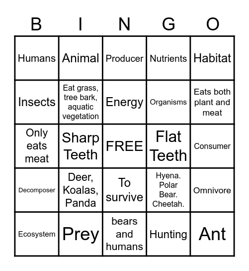 Herbivore-Omnivore-Carnivore Bingo Card