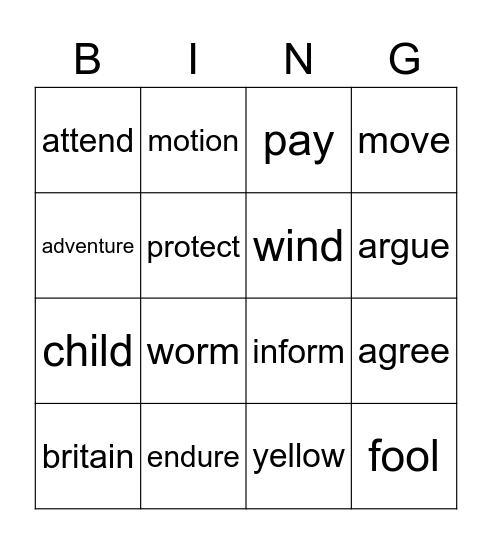 word building Bingo Card