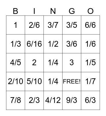 Fraction Bingo Card
