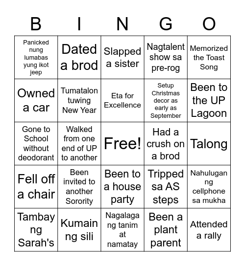 Bingo with the Sisters Bingo Card