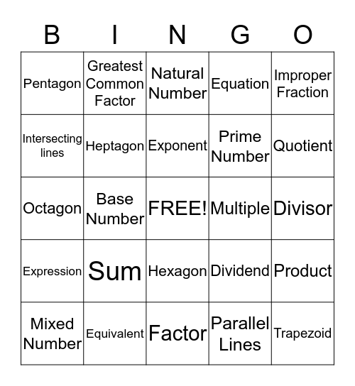 Math Vocabulary Bingo  Bingo Card