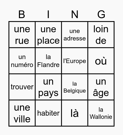 Unité 7 - Bingo Card