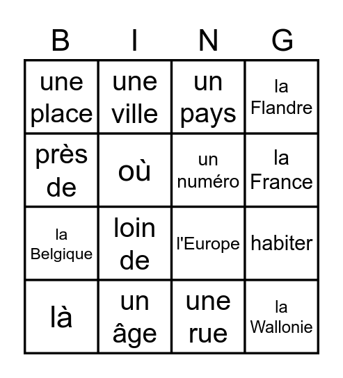 Frans - Unité 7 Bingo Card