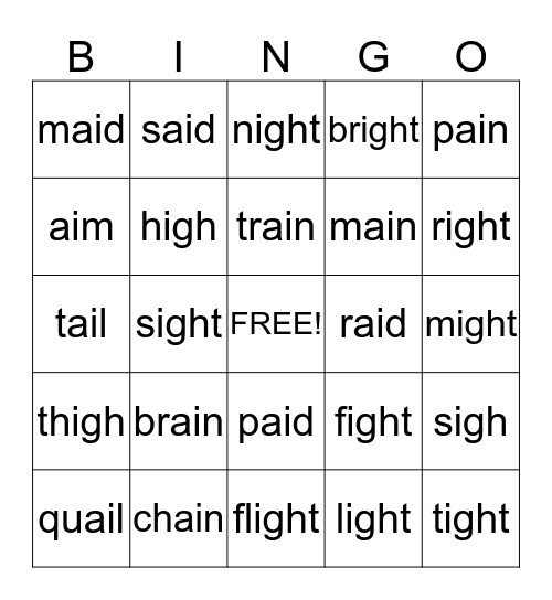 -igh and -ai Words Bingo Card