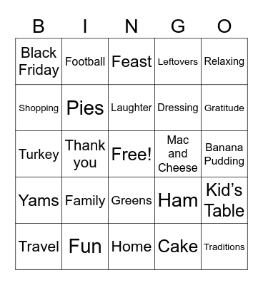 Creekside Thanksgiving Bingo Card