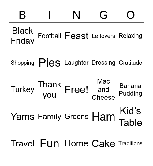 Creekside Thanksgiving Bingo Card