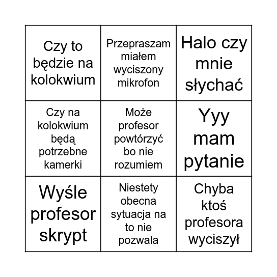 Bingo wykładowe Bingo Card