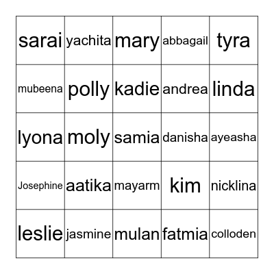 girl names Bingo Card