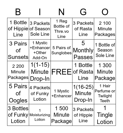 Fabutan Bingo Card