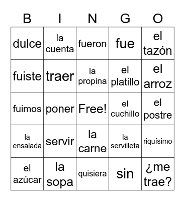 Chapter 12 Spanish 2 Bingo Card