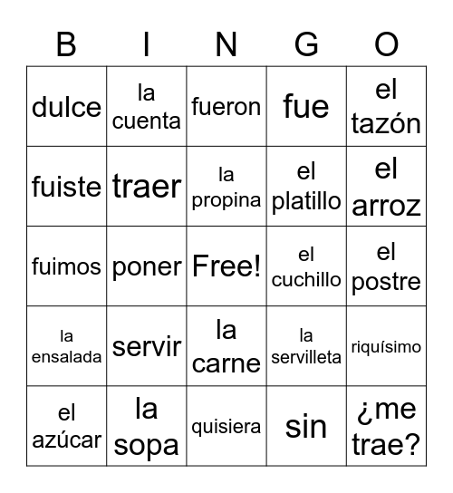 Chapter 12 Spanish 2 Bingo Card
