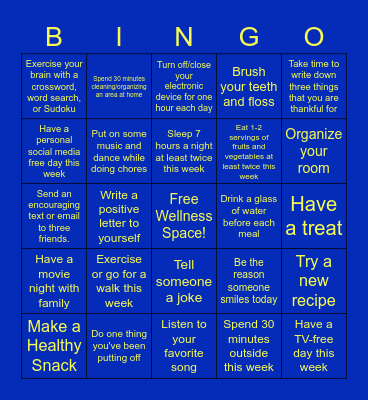 STUDENT EXPERIENCE VIRTUAL WELLNESS Bingo Card