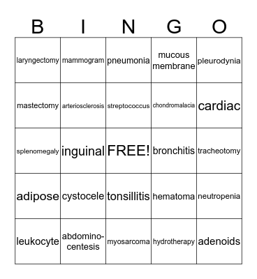 Medical Terminology Bingo Card
