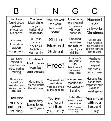 Medical Wives Bingo Card