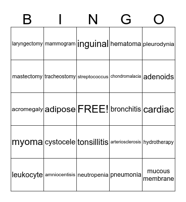 Medical Terminology Bingo Card