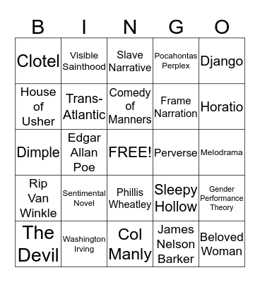 Early American Lit Bingo Card