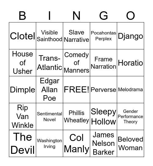 Early American Lit Bingo Card