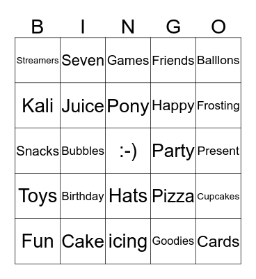 Kali's 7th Birthday!!  Bingo Card