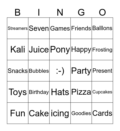 Kali's 7th Birthday!!  Bingo Card