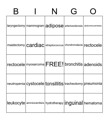 Medical Terminology Bingo Card