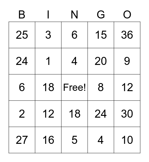 Multiplication Bingo Card
