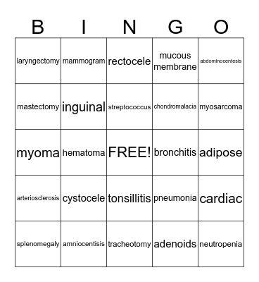 Medical Terminology Bingo Card