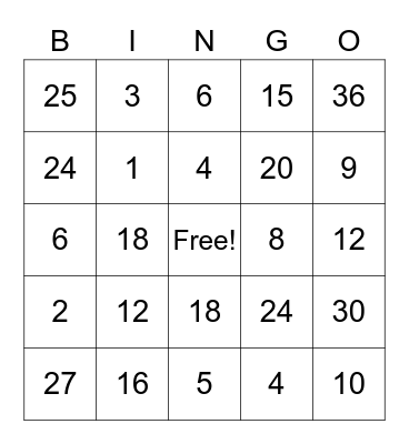 Multiplication Bingo Card
