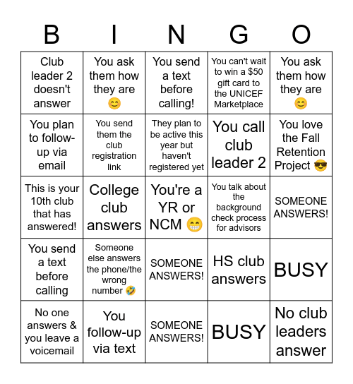 Fall Retention Project phone-a-thon! Bingo Card