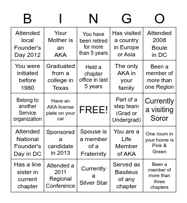 ALPHA KAPPA ALPHA SORORITY Bingo Card