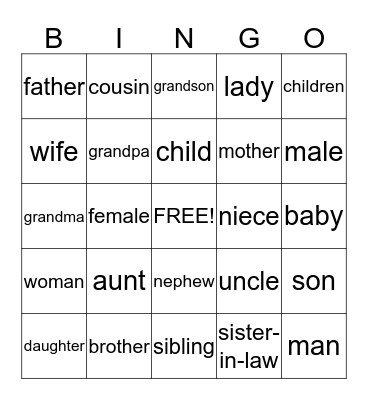 Family Members Bingo Card