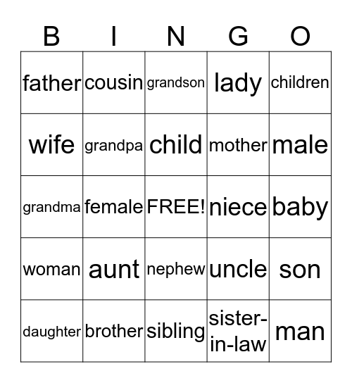 Family Members Bingo Card