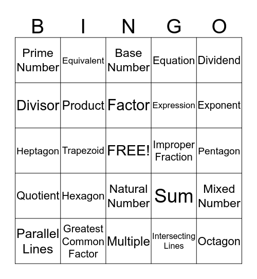 Math Vocabulary Bingo  Bingo Card