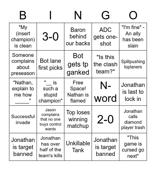 CLASH Bingo Card