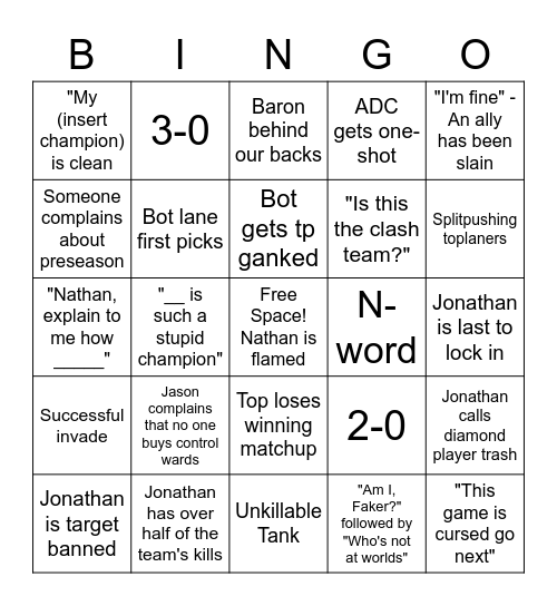 CLASH Bingo Card