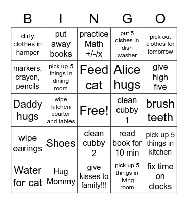 Saturday Clean Up Bingo Card