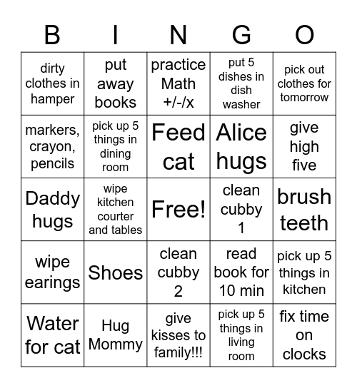 Saturday Clean Up Bingo Card