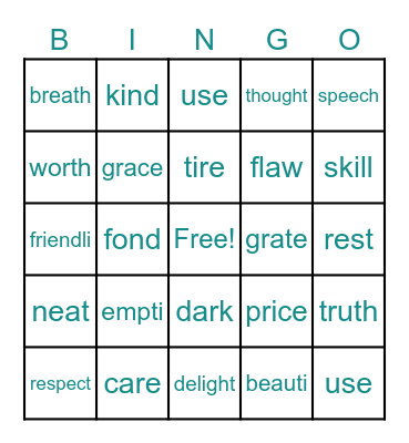 Suffix Endings -ness, -less, -ful Bingo Card
