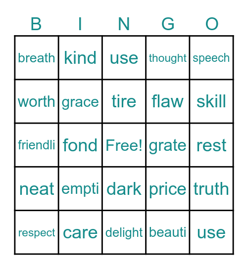 Suffix Endings -ness, -less, -ful Bingo Card