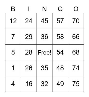 Number Bingo 1-75 Bingo Card