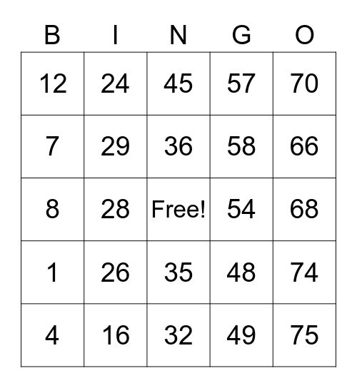 Number Bingo 1-75 Bingo Card