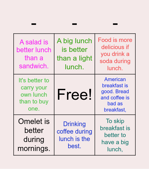 LUNCH: Agree or disagree? Bingo Card