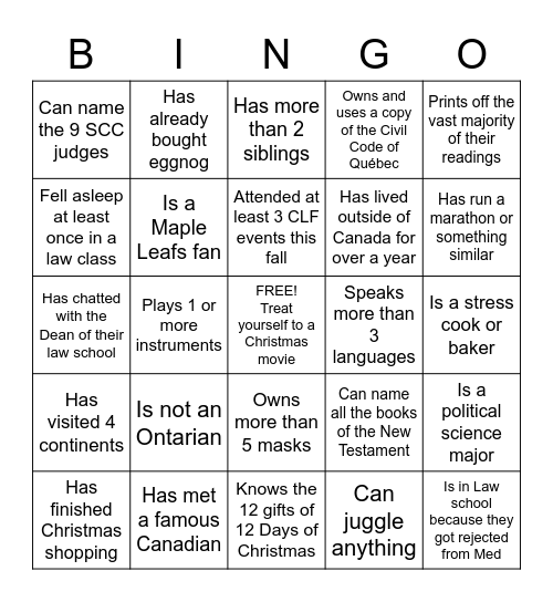 CLF Christmas Bingo Card