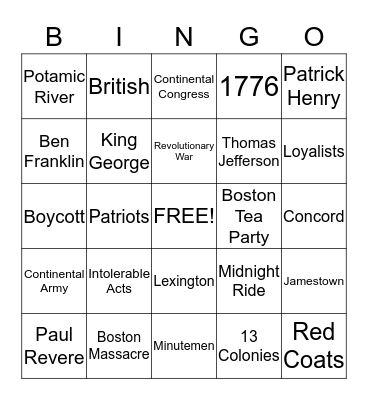 Colonial America Bingo Card