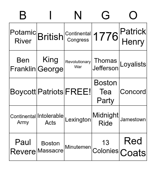 Colonial America Bingo Card