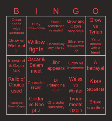 RWBY Volume 8 Bingo Card