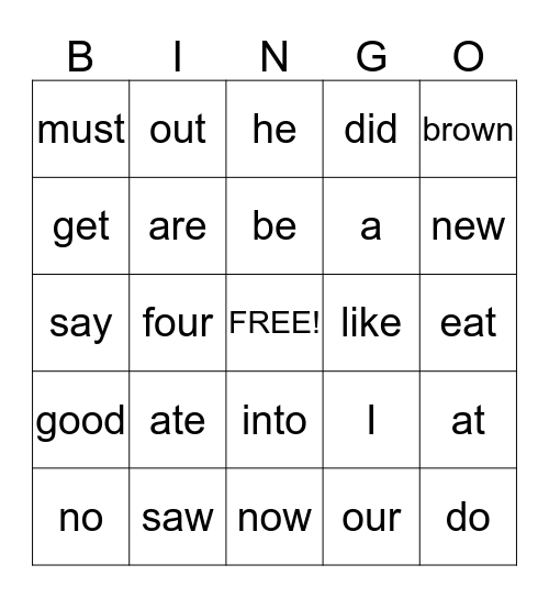 Sight Word Bingo Card