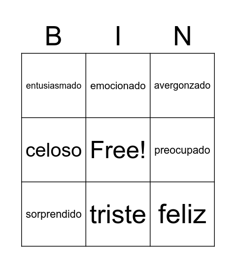 Sentimientos Bingo Card