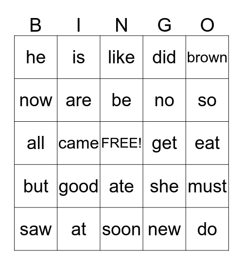 Sight Word Bingo Card